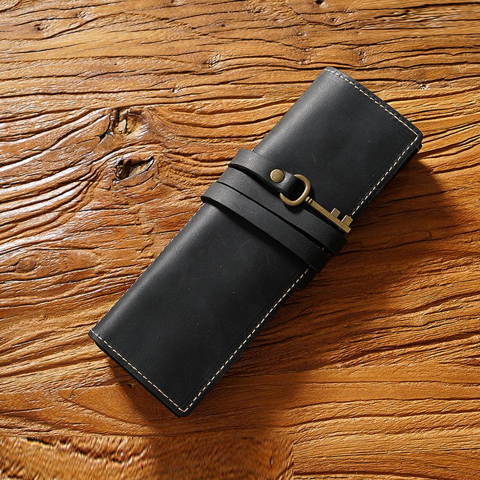 Retro cowhide pencil case triple folding pen holder, roller shutter stationery bag, handmade multi-functional leather pencil
