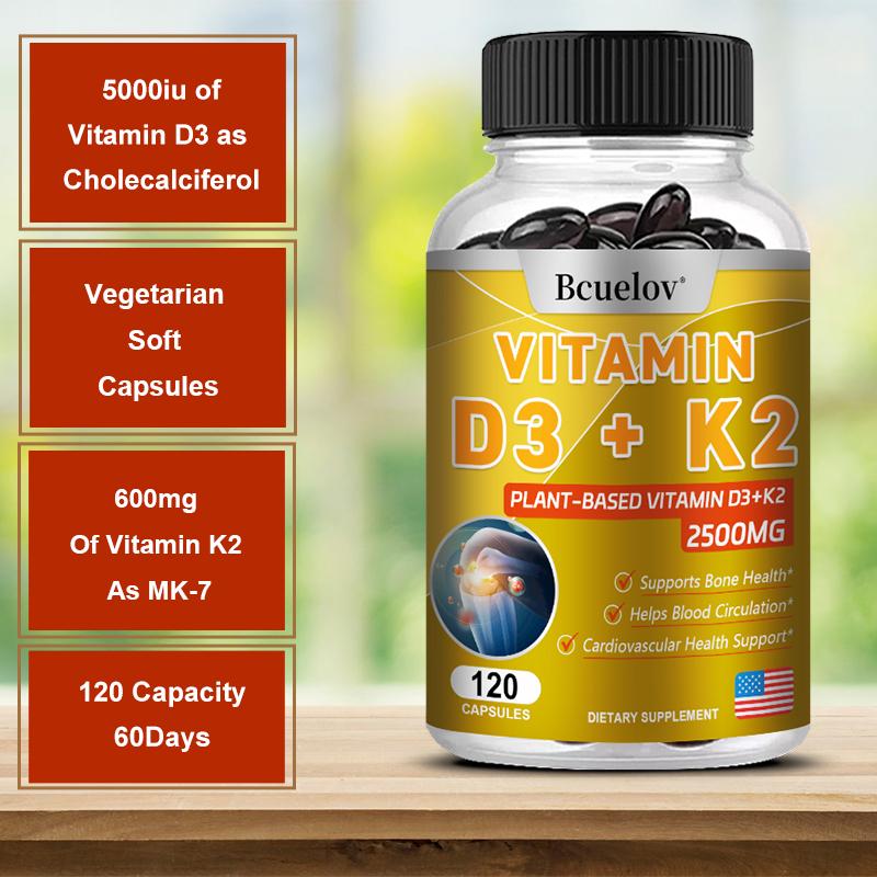 Bcuellov Vitamina D3+K2 2500mg 120 Capsule Integratore Alimentare a Base Vegetale