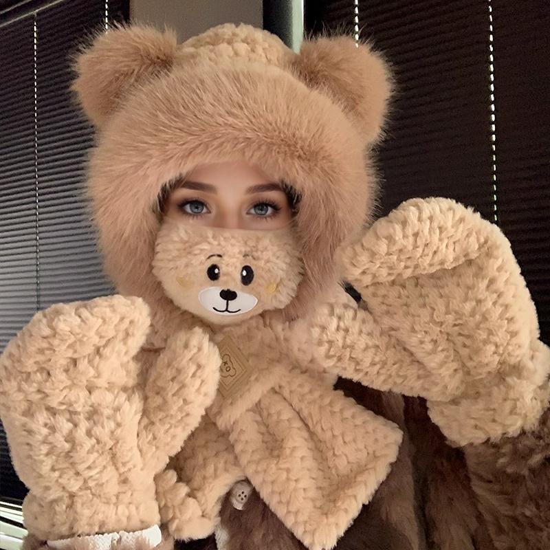 Bear Hat Scarf Integrated Women's Autumn and Winter Riding Cold Scarf Warm Ear Protection Cute Plush Gloves Mask