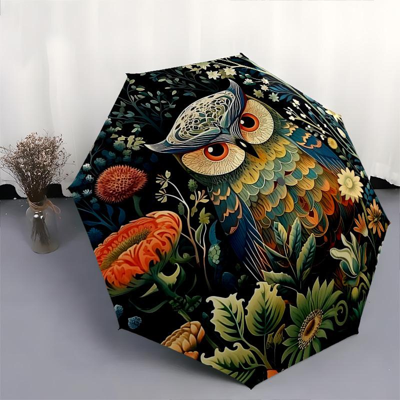 1pc Elegant Floral Owl Design Automatic Folding Umbrella, Portable 3-Fold Design with 8-Bone Iron Frame, Perfect for Outdoor Use, Festive Gifts, Trave