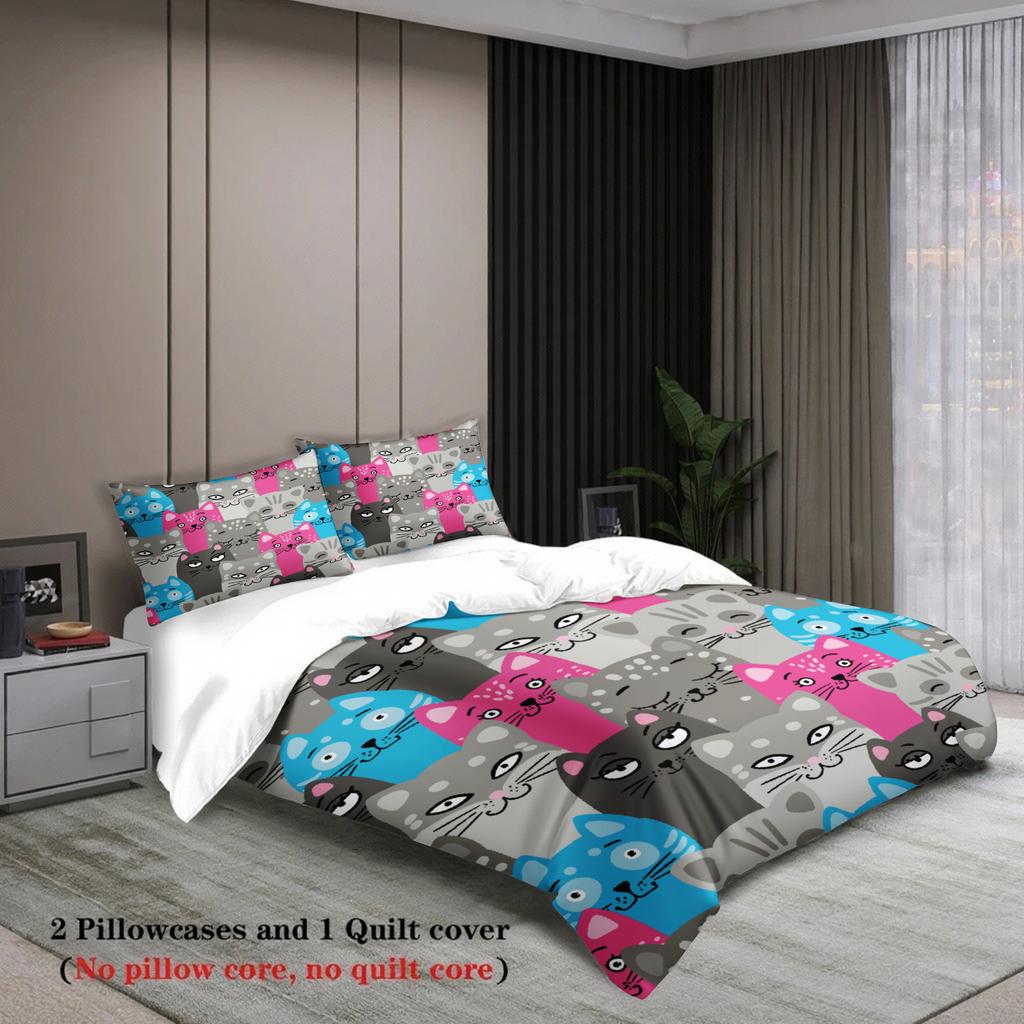 Cute Cat Face Bedding Sets Comforter Not Included Cartoon Animal 3D Printed 3Pcs 100% Polyester Duvet Cover With 2 Pillowcases