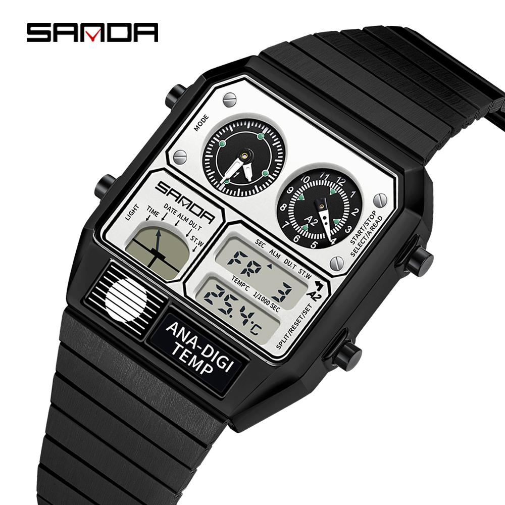 SANDA 3192 Mode Unisex Horloge LED Elektronisch Vierkant Jeugd Casual Multifunctioneel Thermometer Stopwatch Chronograaf Herenhorloge black