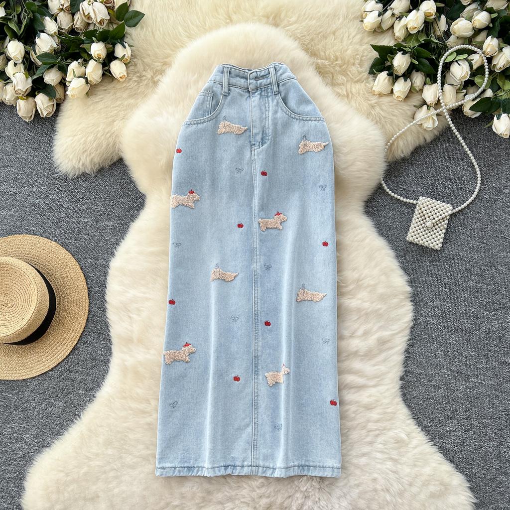 Léto Podzim Dámská Ležérní Výšivka Pes Vysoký Pas Dlouhá Midi Tužková Džínová Sukně