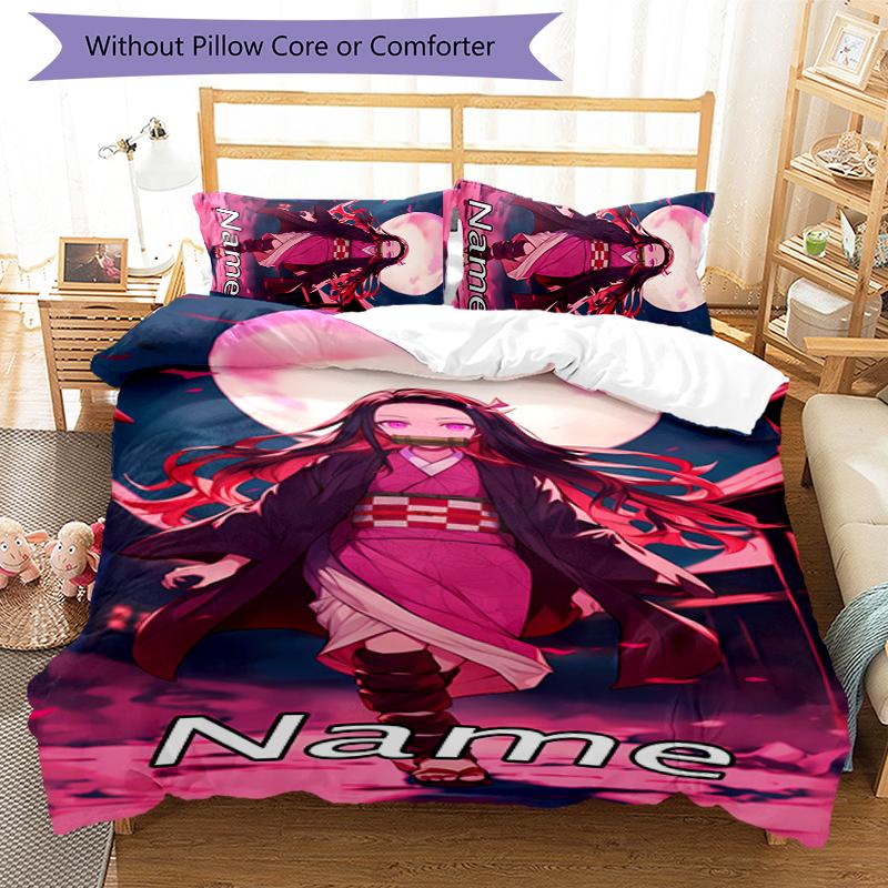 3pcs Custom Name Demon Slayer Nezuko Bedding Set Duvet Cover Closure Includes 1 Duvet Cover & 2 Pillowcases for All Seasons Bedroom Decor