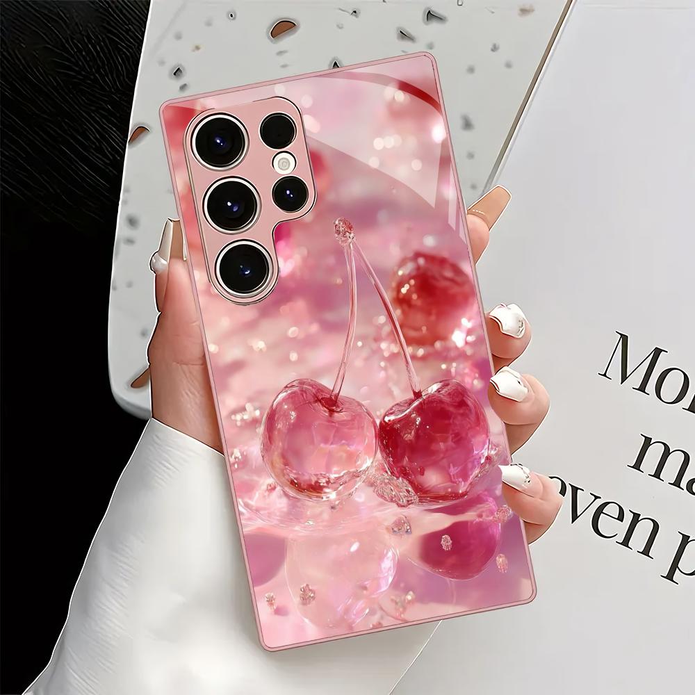 Pink cherry patterned glass phone case suitable for Samsung Galaxy S26 S25 S24 S23 S22 S20 FE/Ultra/Plus shockproof back cover