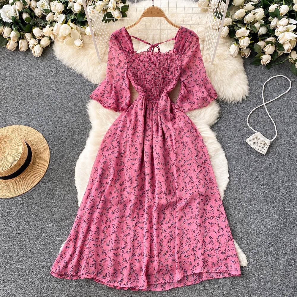 Tea Break French Vintage Dress Square Neck Flared Sleeve Tie Waist Women's Temperament Swing Long Dresses