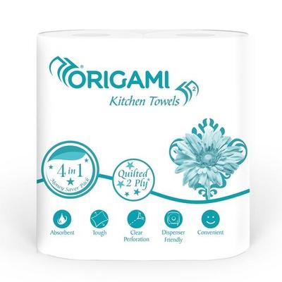 Origami Kitchen Roll Pack of 4, 60 Pulls Each 2 Ply (Total 4 Rolls, 240 Sheets)