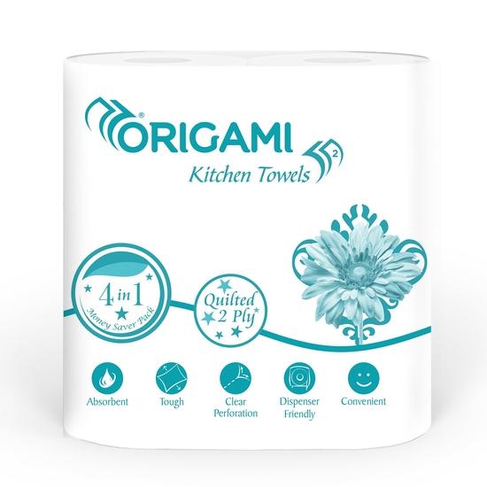 Origami Kitchen Roll Pack of 4, 60 Pulls Each 2 Ply (Total 4 Rolls, 240 Sheets)