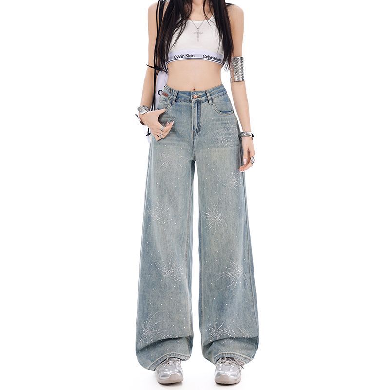 Early Spring Rhinestone Relaxed High Waist Straight Wide Leg Long Denim Pants For Women Casual Pants Oversize Denim Trousers