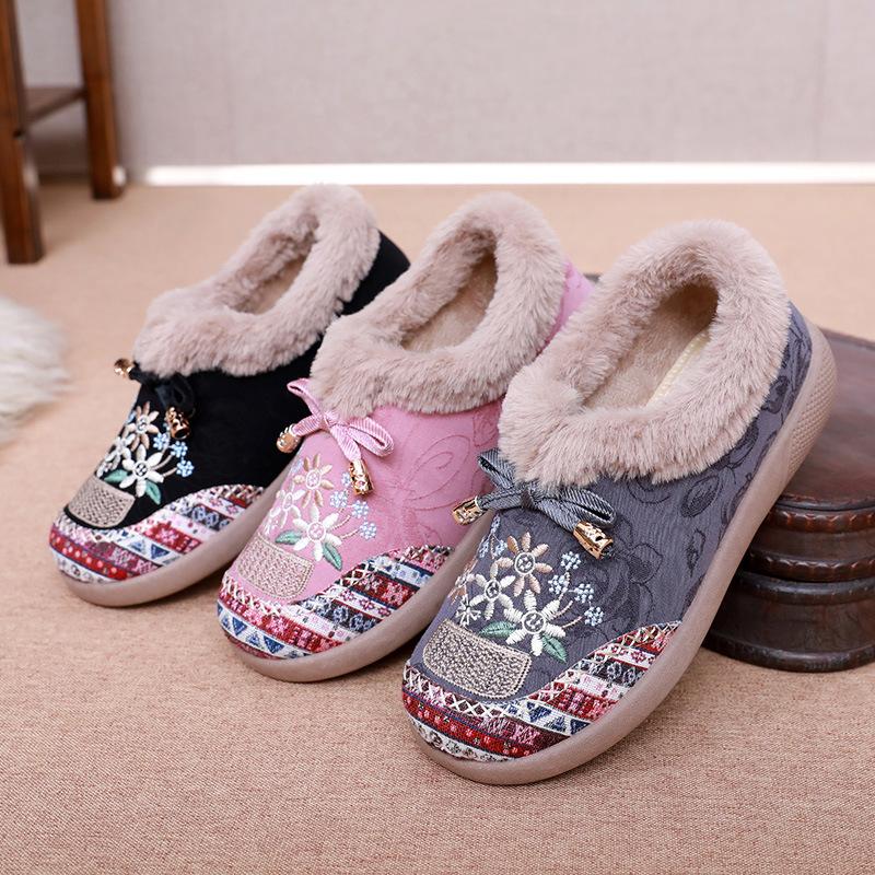 Women's Winter Fur Lined Loafers Platform Embroidered Loafers Shoes for Women Chunky Warm Plush Comfortable Non-Slip Round Toe Loafer Slippers Women