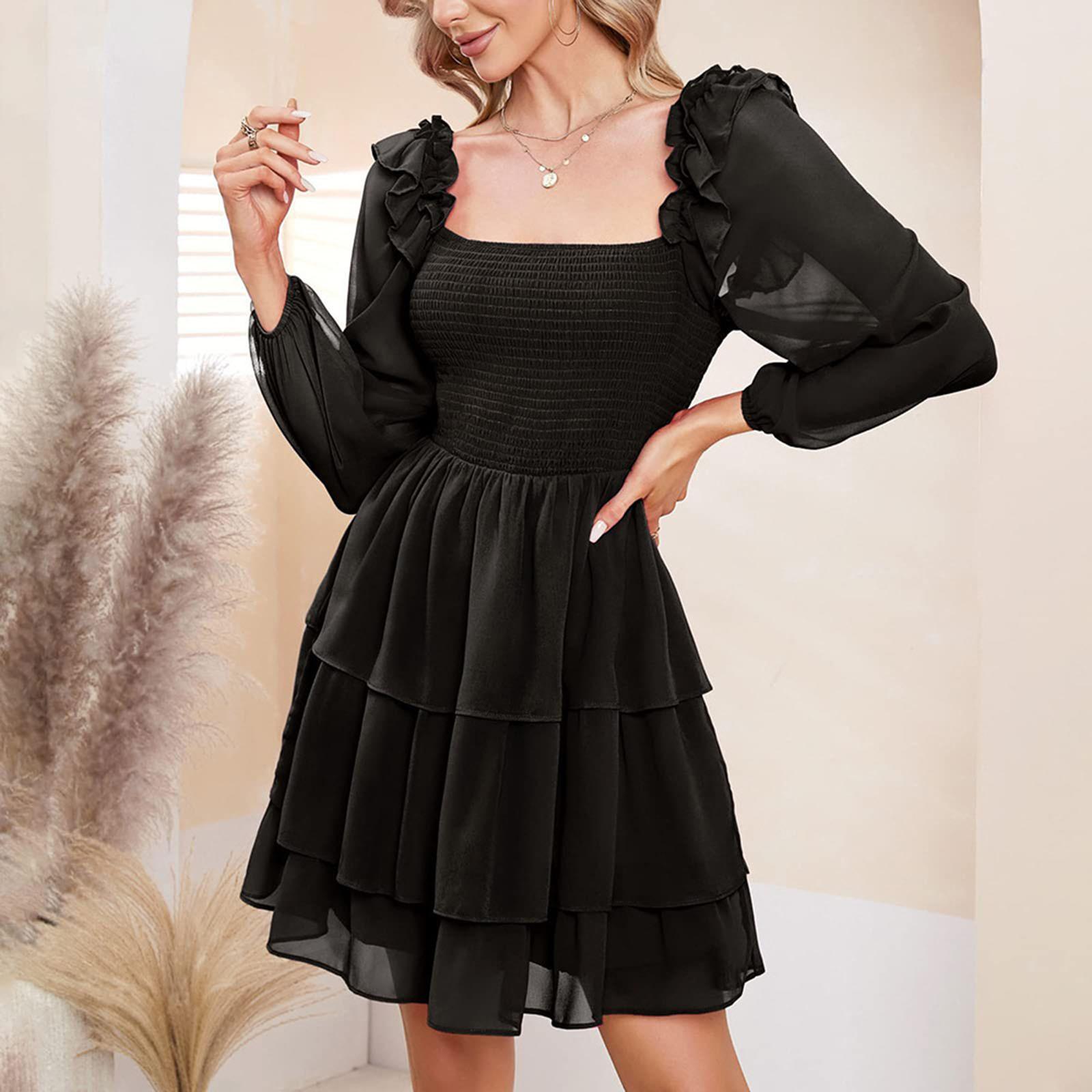 Women s Fashion Solid Colour Square Neck Slim Fit Long Sleeve Cake Dress L чёрный