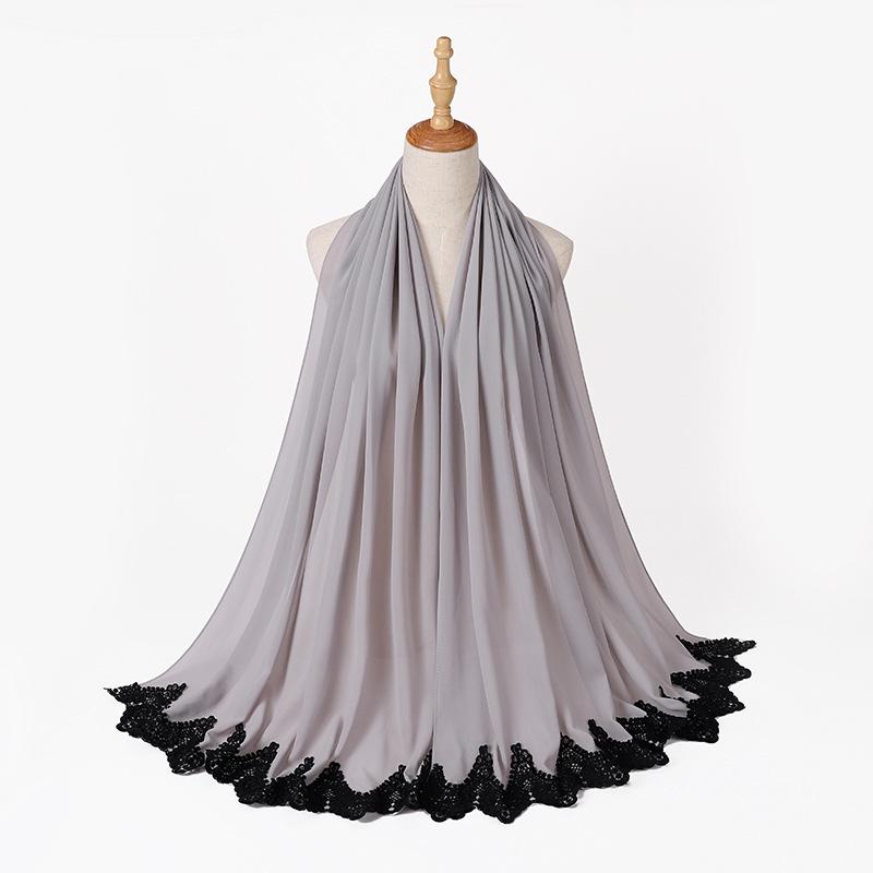 New Pearl Chiffon Malaysia Fashion Black Lace Scarves Muslim Shawl Plain Soft Turban Head Wraps Headband