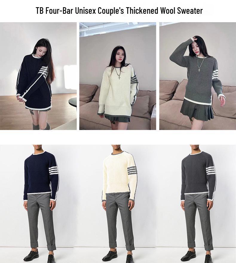 Unisex Chunky Knit Pullover: Four-Bar White-Edged Round Neck Sweater for Autumn & Winter