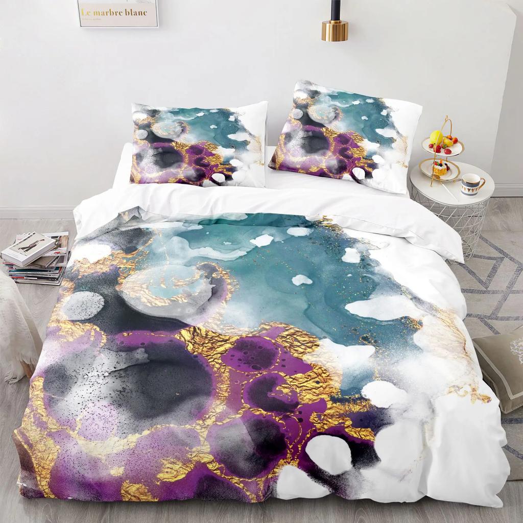 Modern Gold Blue Marble Soft Duvet Cover Women Kid Gift Gliter Abstract Marble Luxurious Ink Plus Wash Art Theme Bedrom Decorations