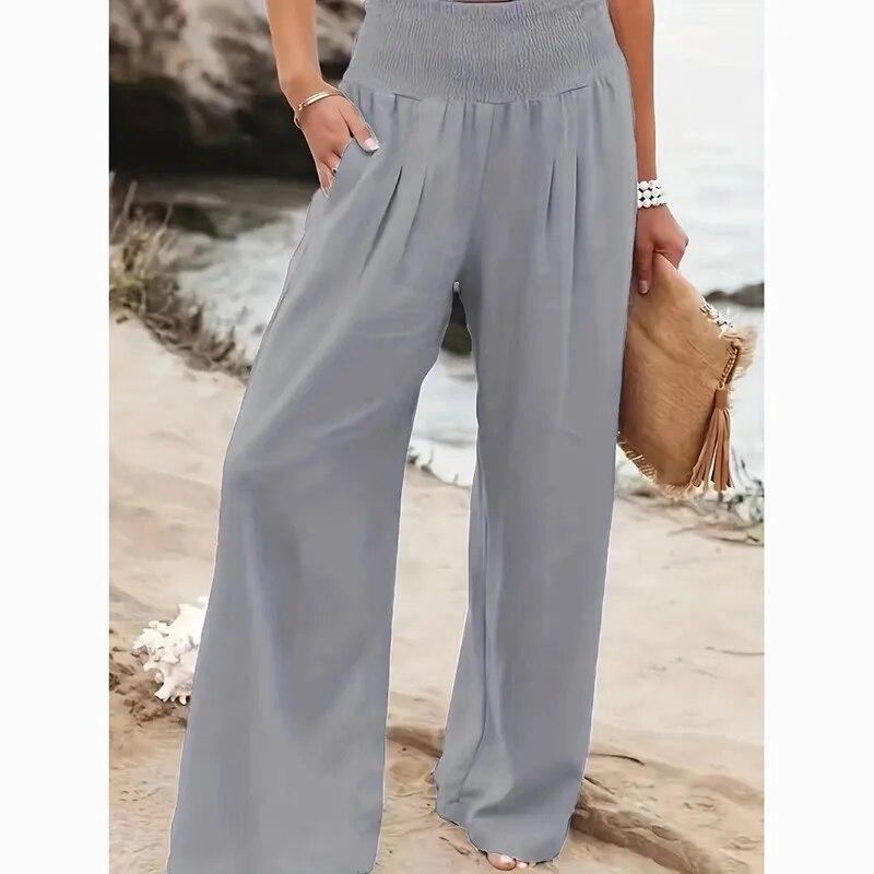 

Повседневные широкие брюки с высокой талией, женские удобные однотонные свободные мешковатые брюки, женские модные элегантные прямые брюки с карманами 30768 S серый