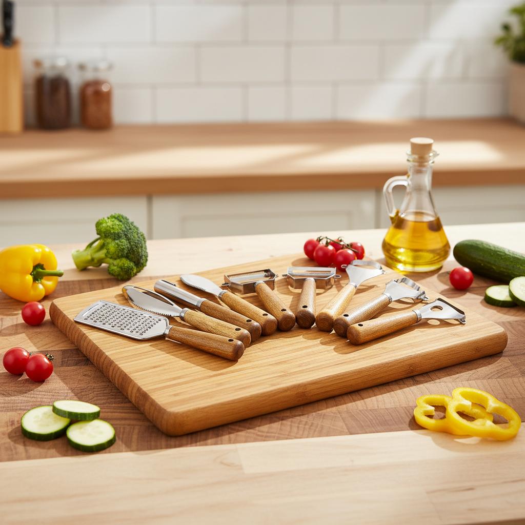 Manual Stainless Steel Kitchen Gadgets Set Wooden Handle Includes Ginger Grater Garlic Zester Peeler-Dishwasher Safe