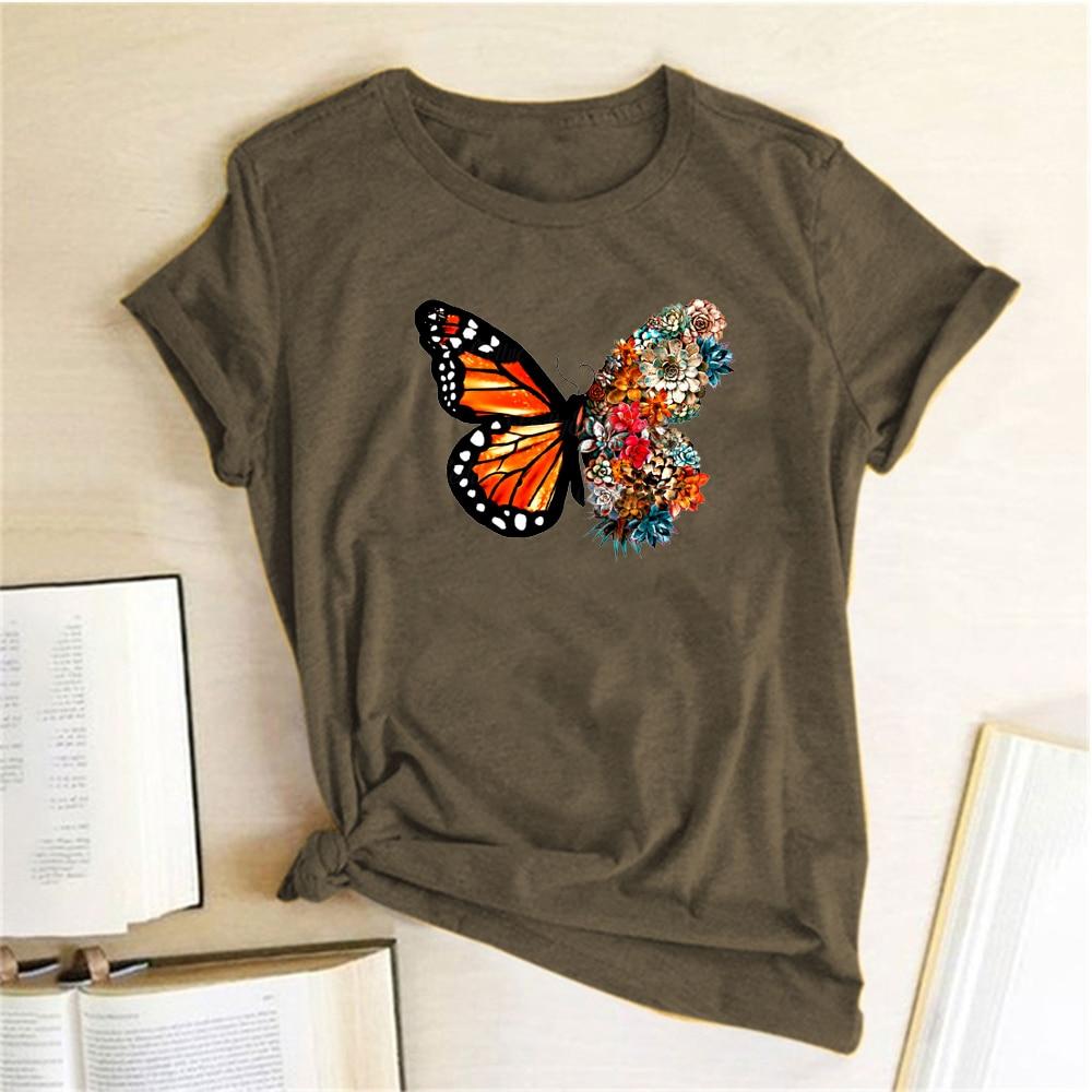 

Women Summer T Shirt Butterfly Print Retro Fashion Short Sleeve Tees Casual Printed Tops 8XL коричневий