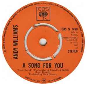 

7inch Record ANDY WILLIAMS - A Song For You CBSS7499 CBS 1971 UK Jazz Used