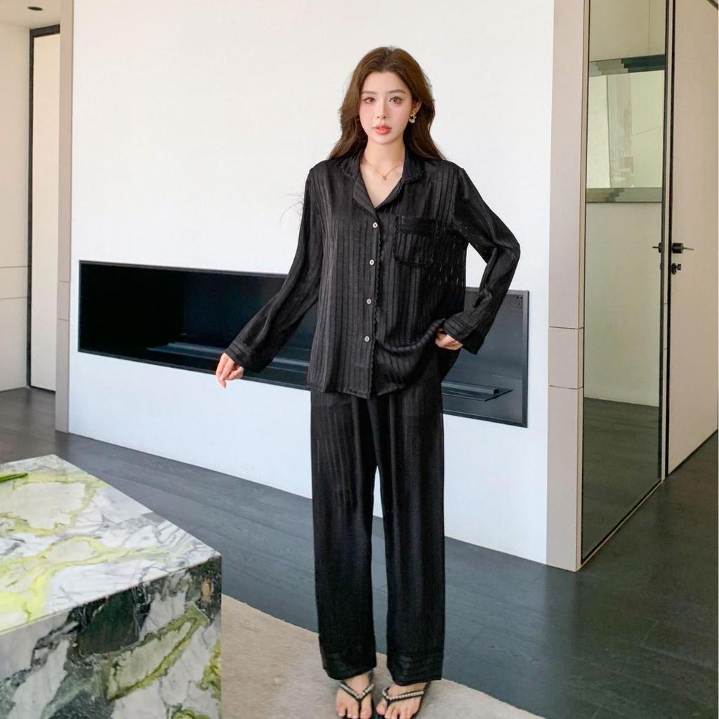 Women's High-End Ice Silk Striped Pajama Set - Spring/Summer Luxury Long Sleeve Jacquard Homewear