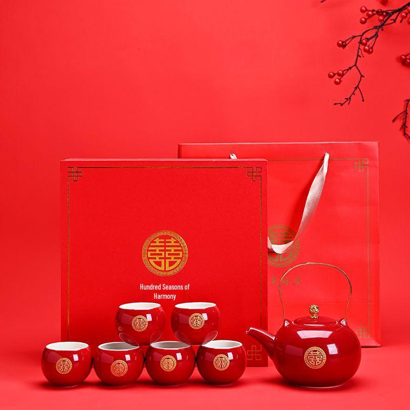 Red Chinese Wedding Tea Set: Complete Gift with Bride's Dowry Tray & Teapot