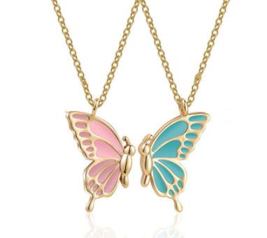 Split Butterfly Pendant Necklace Set Pink Enamel Matching Butterfly Necklaces for Best Friends