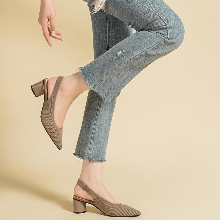 Women's Large Size Spring Sharp Pointed Toe Thick High Heel Single Shoes Casual Shallow Mouth Hollow Solid Color Buckle Knitted Sandals Shoes 34-43