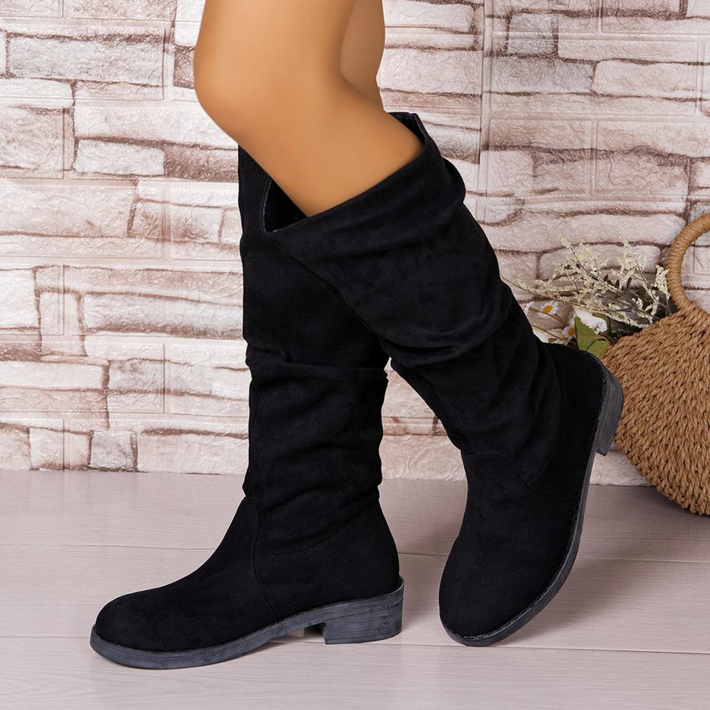 Fashion Pleated Boots Women Suede Knee High Boots 2025 Autumn/Winter Fashion Women Fashion Slip on Square Mid Heel Knight Booties