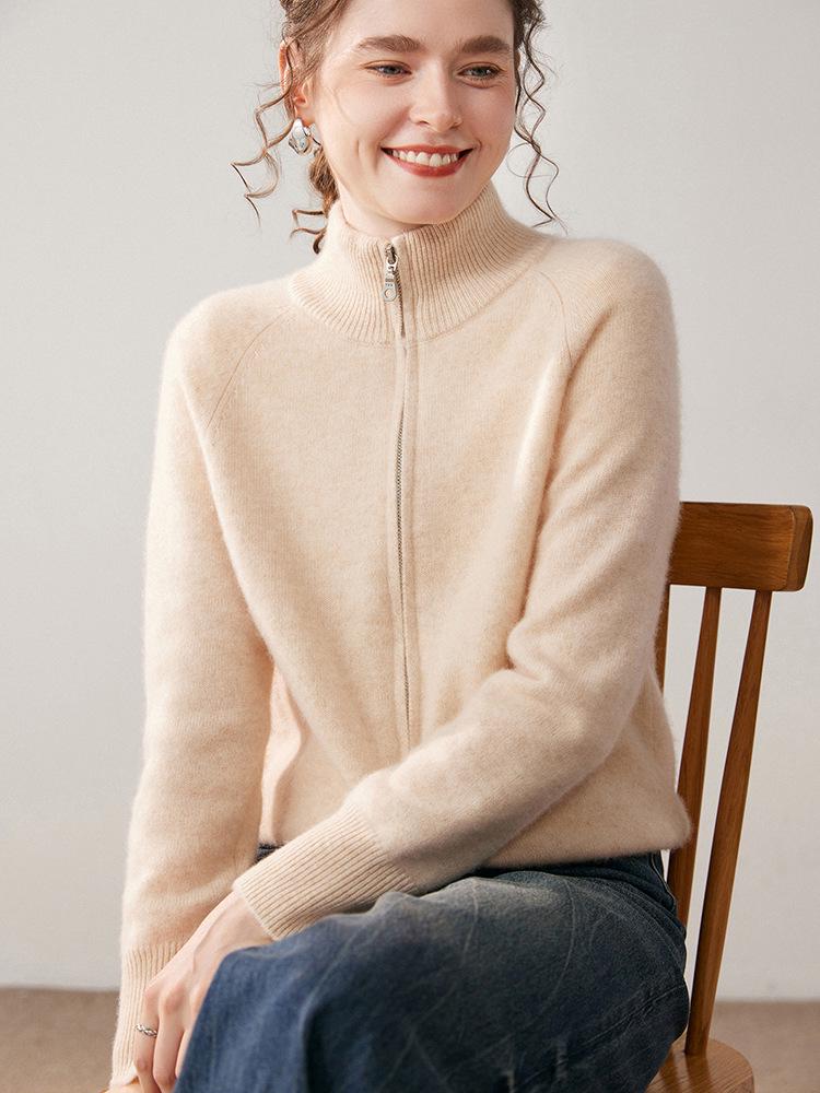 Pure Cashmere Women's Loose Knit Zipper Cardigan Sweater