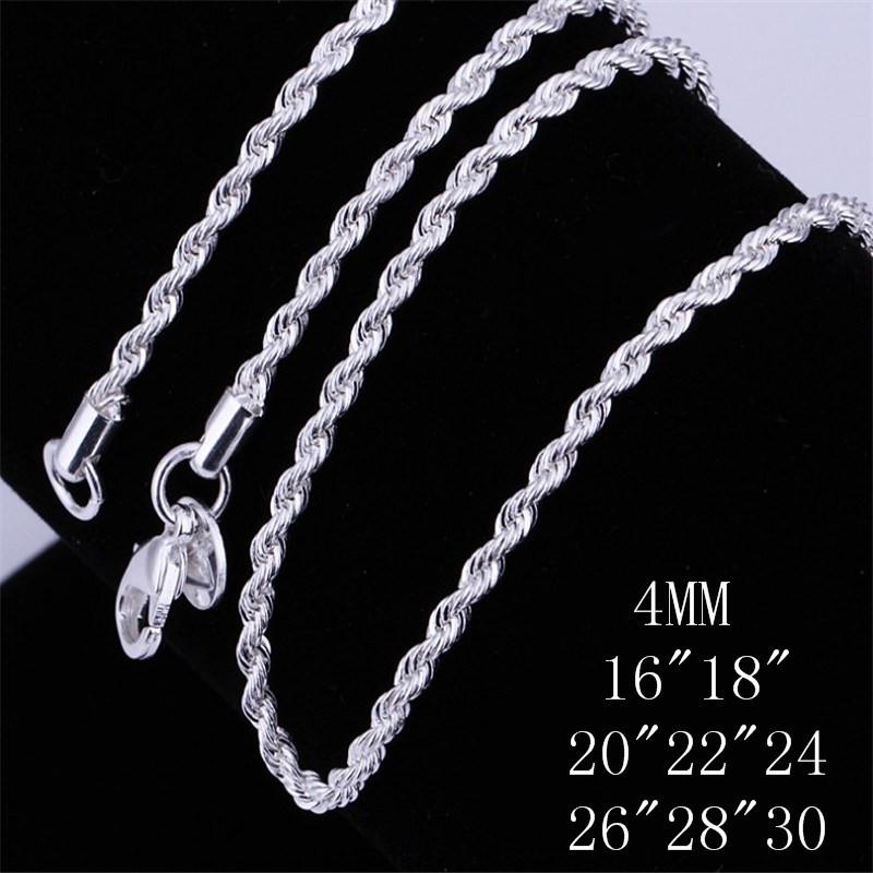 European & American Trend Cable Knit Silver Necklace & Bracelet Set - 4MM Shiny Twisted Rope Design