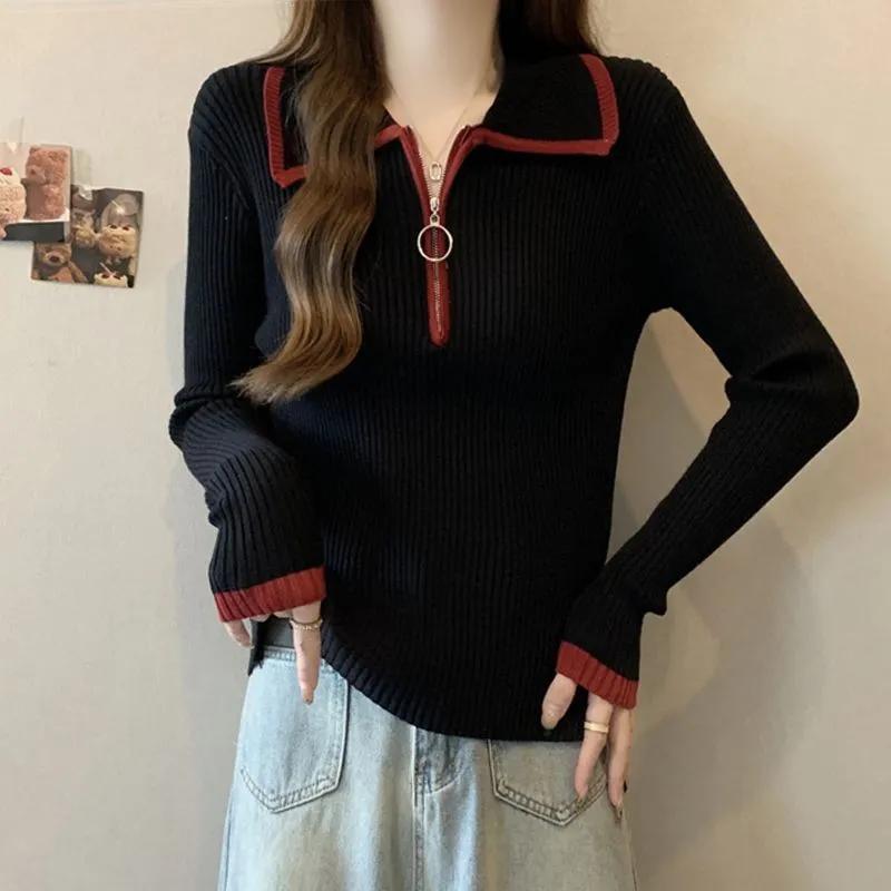 

Вязаный свитер на молнии с лацканами женский осенне-зимний пуловер с цветными блоками с длинными рукавами прилегающий вязаный топ женская базовая рубашка XS чёрный