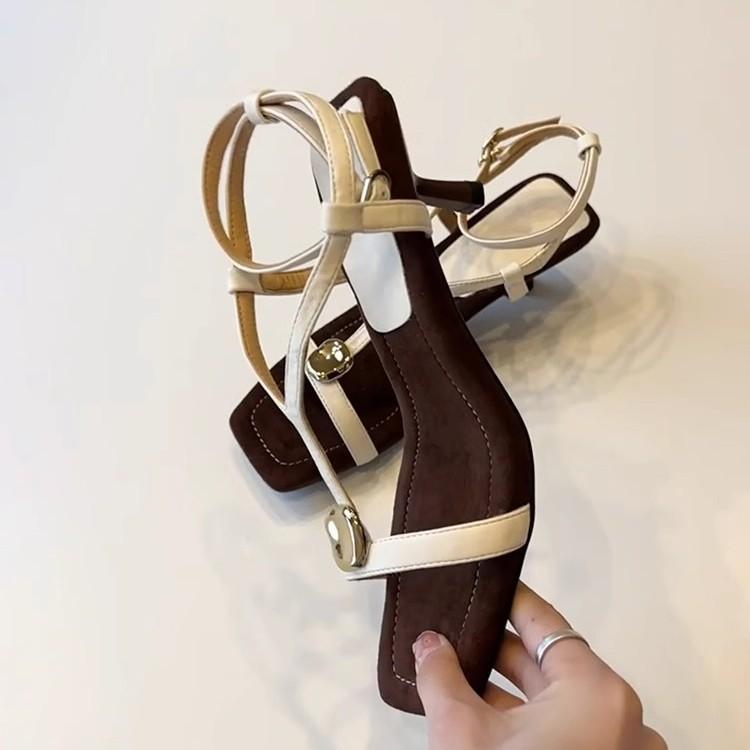 Sheepskin version~ retro leather outer wear summer Roman shoes fairy fairy wind metal word with square head high heel sandals