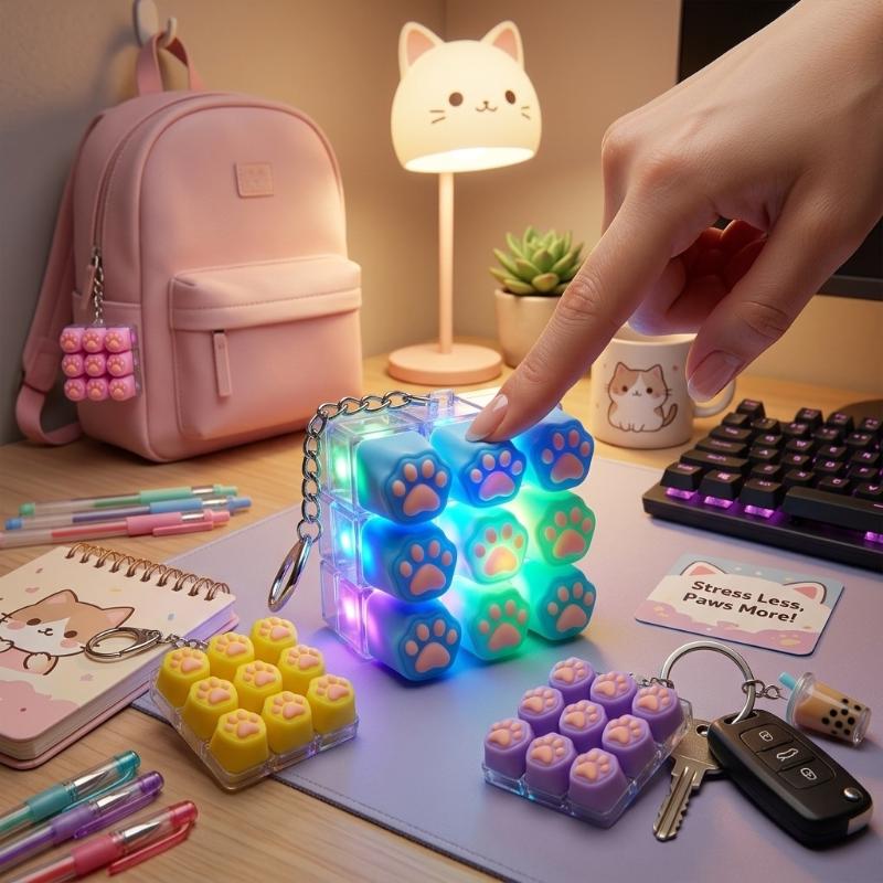 Cute Cat Paw Mini Keyboard Keychain RGB LED Light Stress Relief Backpack Pendant for Valentine's Day Gifts
