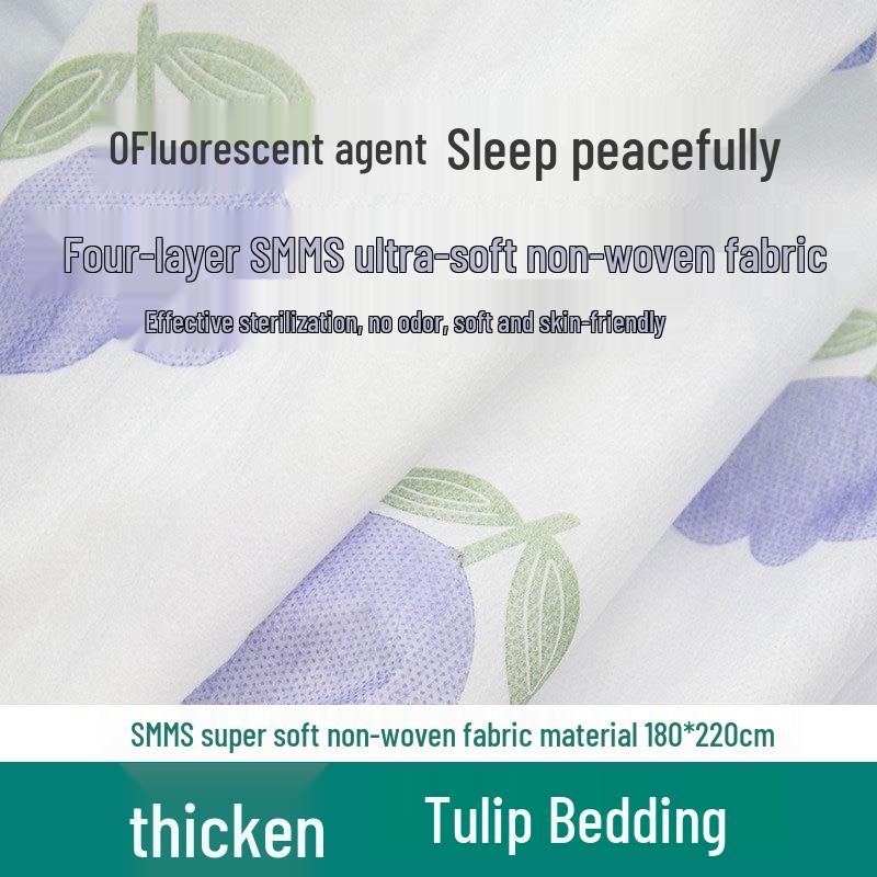 Purple Disposable 4-Piece Non-Woven Bedding Set: Bed Sheet & Duvet Cover for Hotel or Travel. Ideal for Comfortable, Naked Sleeping.