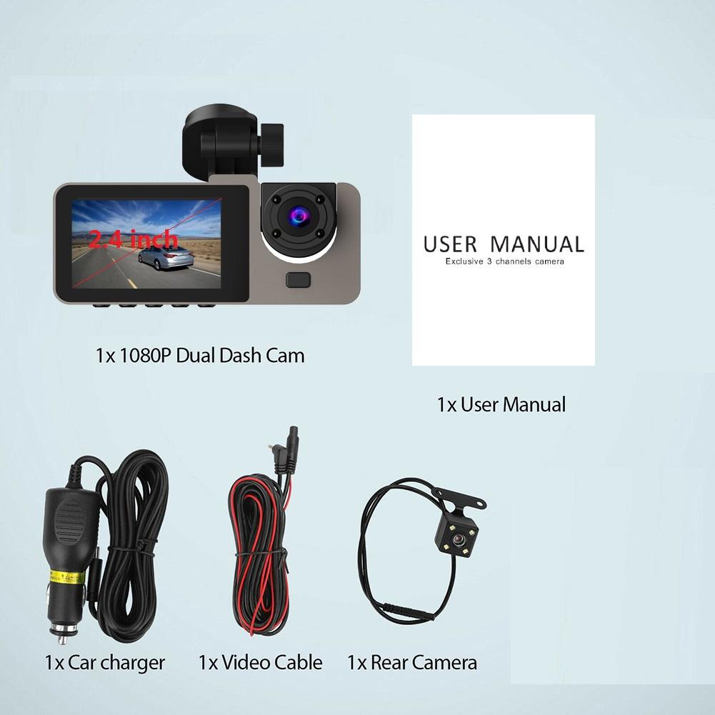 New 1080P Dual Lens Car Video Recorder with Night Vision 3-Camera Dash Cam 1-Year Warranty Driver Black Box CAR DVR Black Color