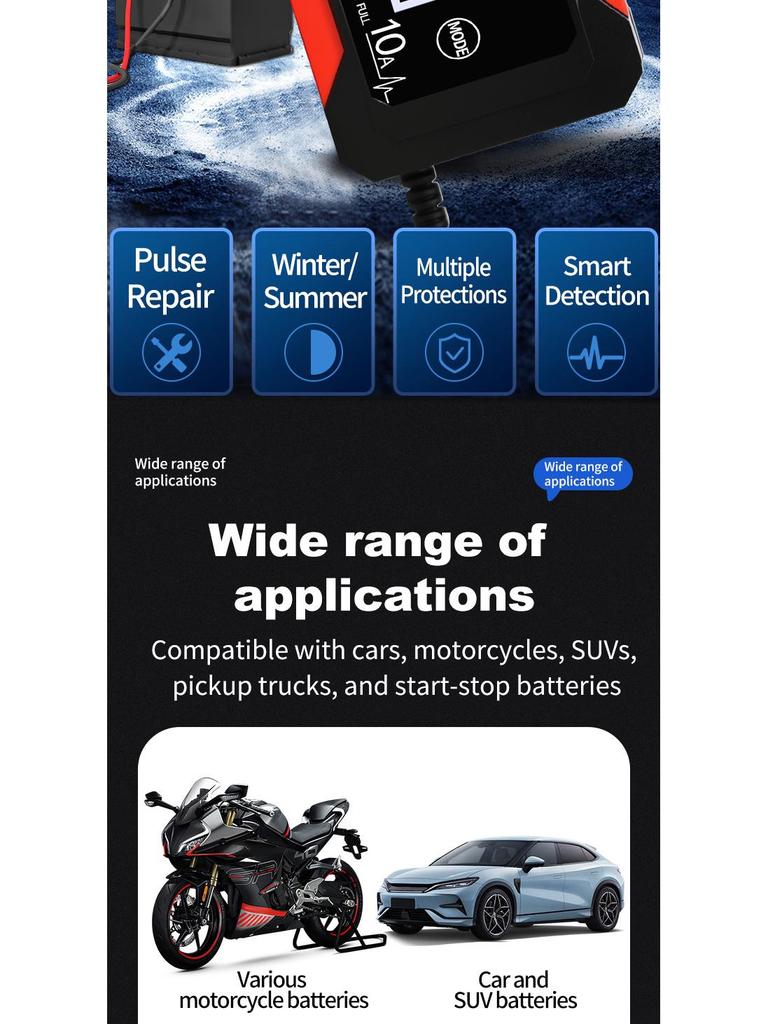 12V 10A Smart Battery Charger for Cars and Motorcycles