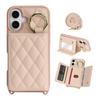 For iPhone 16 Case with Lanyard/Mirror/Card Holder Grids Pattern RFID Blocking Phone Cover
