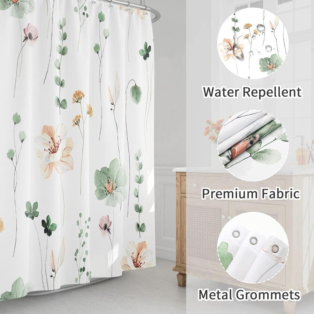 Sage Green Beige Watercolor Floral Shower Curtain – Modern Minimalist Design Elegant Bathroom Decor 12PCS Hooks 71X71Inch