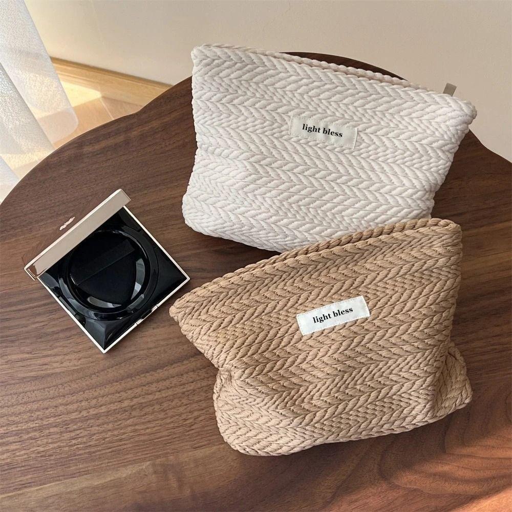 Woven Fabric Makeup Bag for Women Solid Color Canvas Clutch Bag Toiletry Storage Bag  Travel