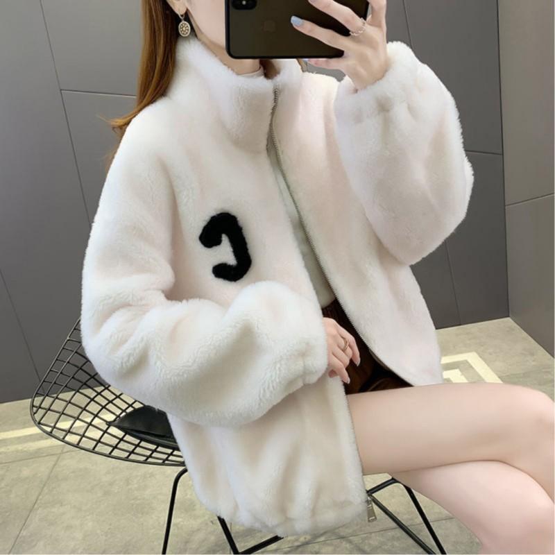 Women Autumn Winter Fleece Fluffy Jacket Streetwear Zipper Warm Outerwear Letter Splice Female Sweatshirt