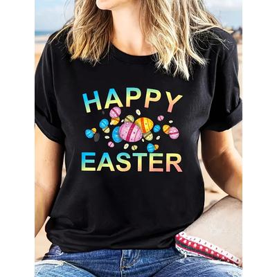 Europäische Größe Glückliche Ostern Schwarzes T-Shirt - Kurzarm Rundhals Lässiges Oberteil mit Glückliche Ostern Aufdruck, Bequemes & Oster-Outfit für den Frühling