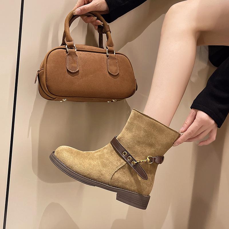 Coarse Heel Belt Buckle Martin Boots Women's 2025 Autumn Platform Cowboy Boots Vintage Coarse Heel Locomotive Short Boots Pile Boots