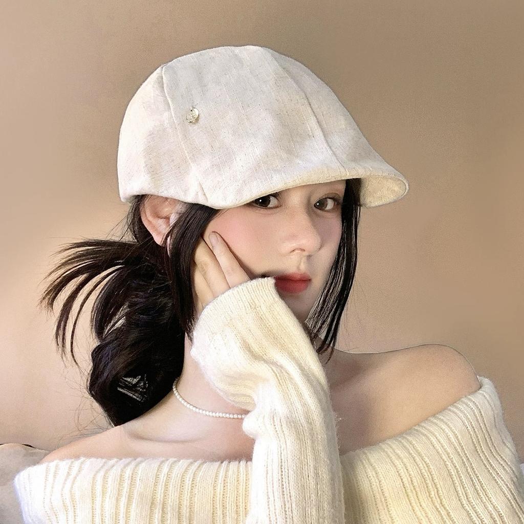 Retro Yamamoto style thin breathable washed linen pleated design octagonal hat temperament show face small equestrian hat