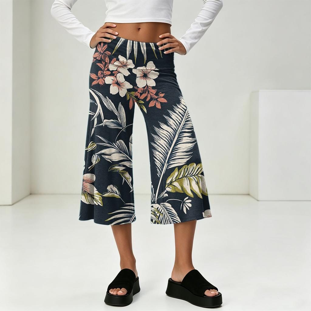 Fashionable Women's Summer Leisure Vacation High Waist Wide Leg Cropped Pants