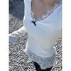 White V-Neck Lace Trim Plus Velvet Slim Fit Layering T-Shirt for Autumn/Winter