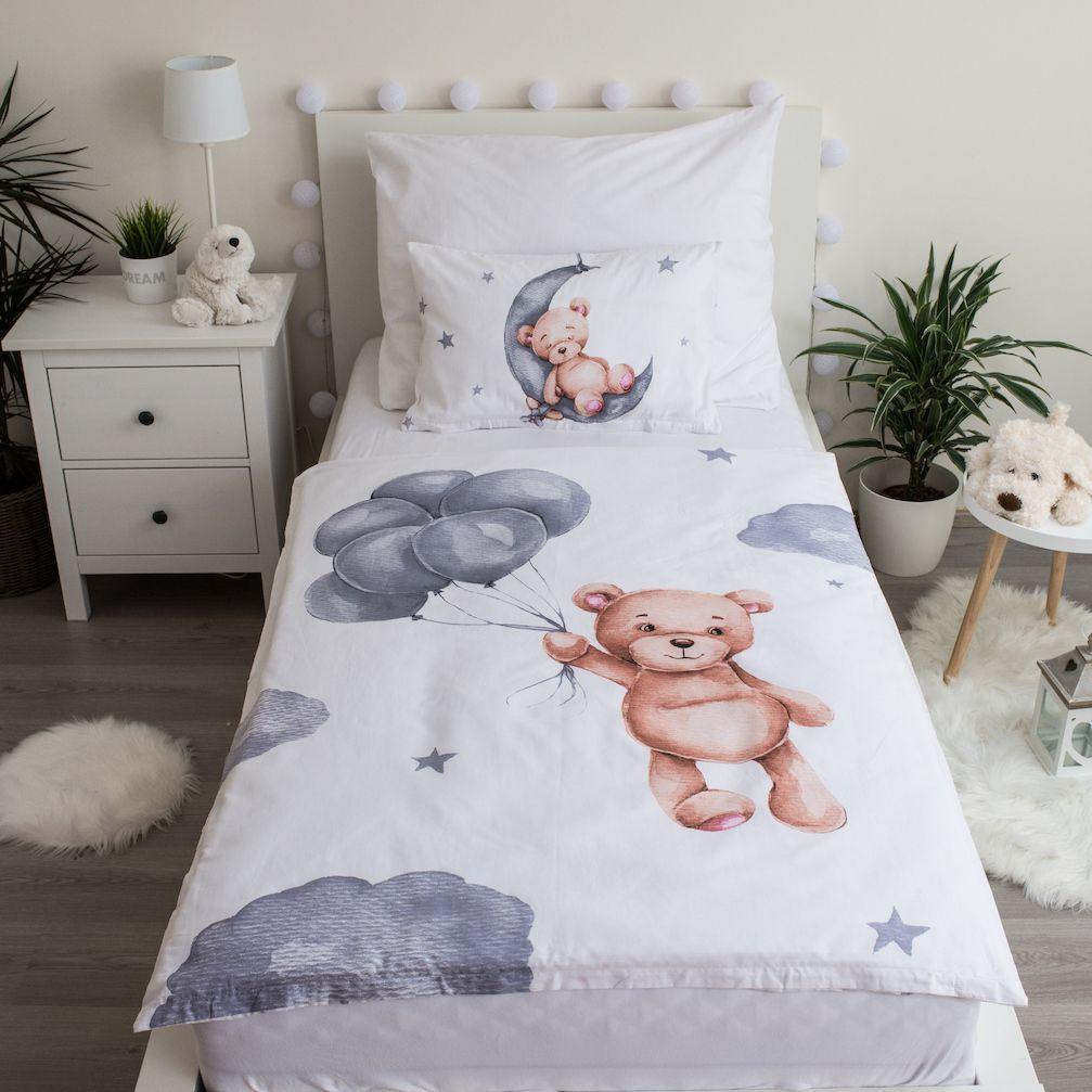 Pościel 100X135 Miś Baloniki Gwiazki 7547 Biała Szara Księżyc Chmurki Teddy Bear Dziecięca Do Łóżeczka Poszewka 40X60
