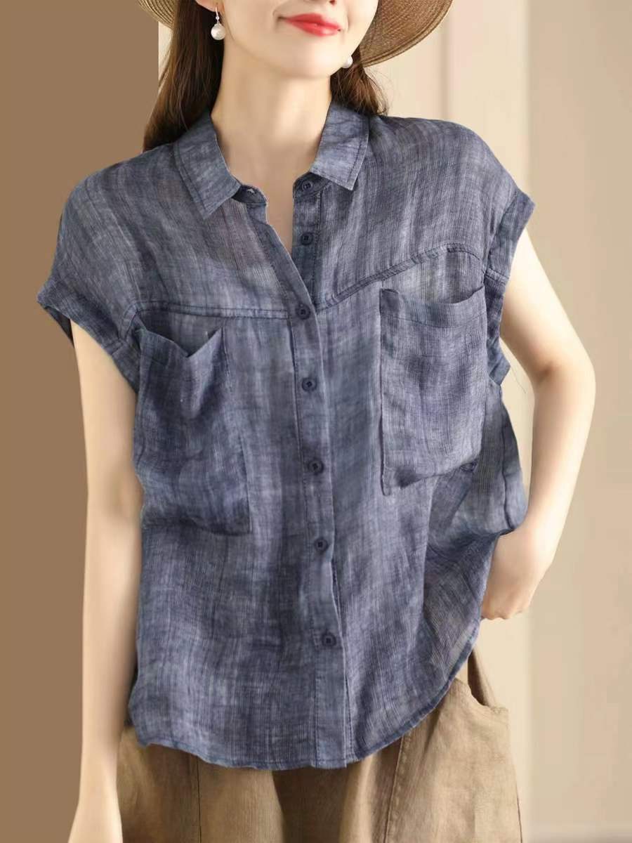 

Johnature Женские винтажные рубашки без рукавов, блузки с отложным воротником и пуговицами, летние рубашки с карманами в стиле тай-дай в стиле пэчворк L синий