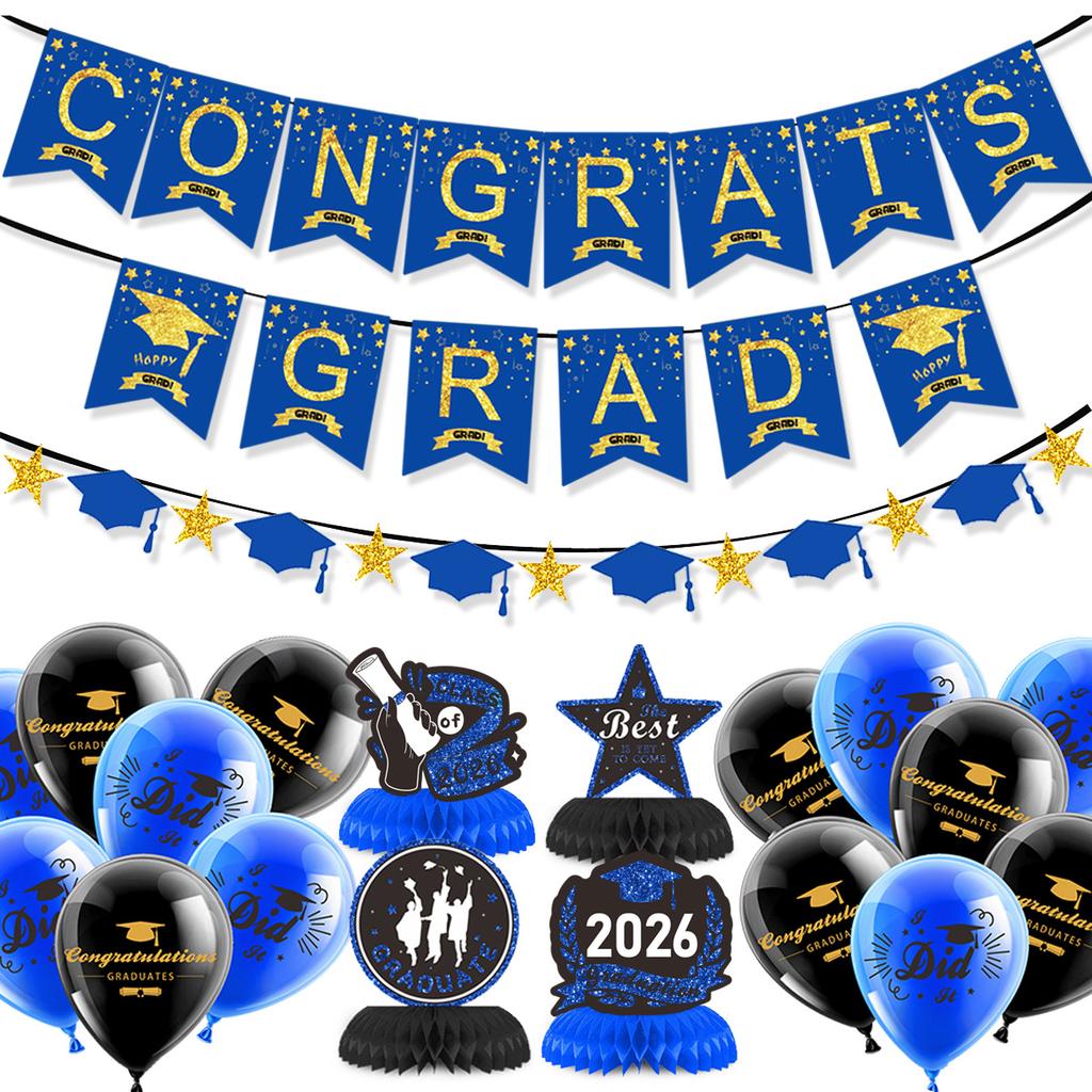 Graduation Season Theme Decoration Congrats Grad Blue Spiral Pendant Flag Balloon Set