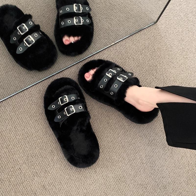 Thick-bottomed fluffy slippers for women's outer wear 2025 new autumn and winter cotton tows Internet celebrity fashion fluffy slippers spring and su