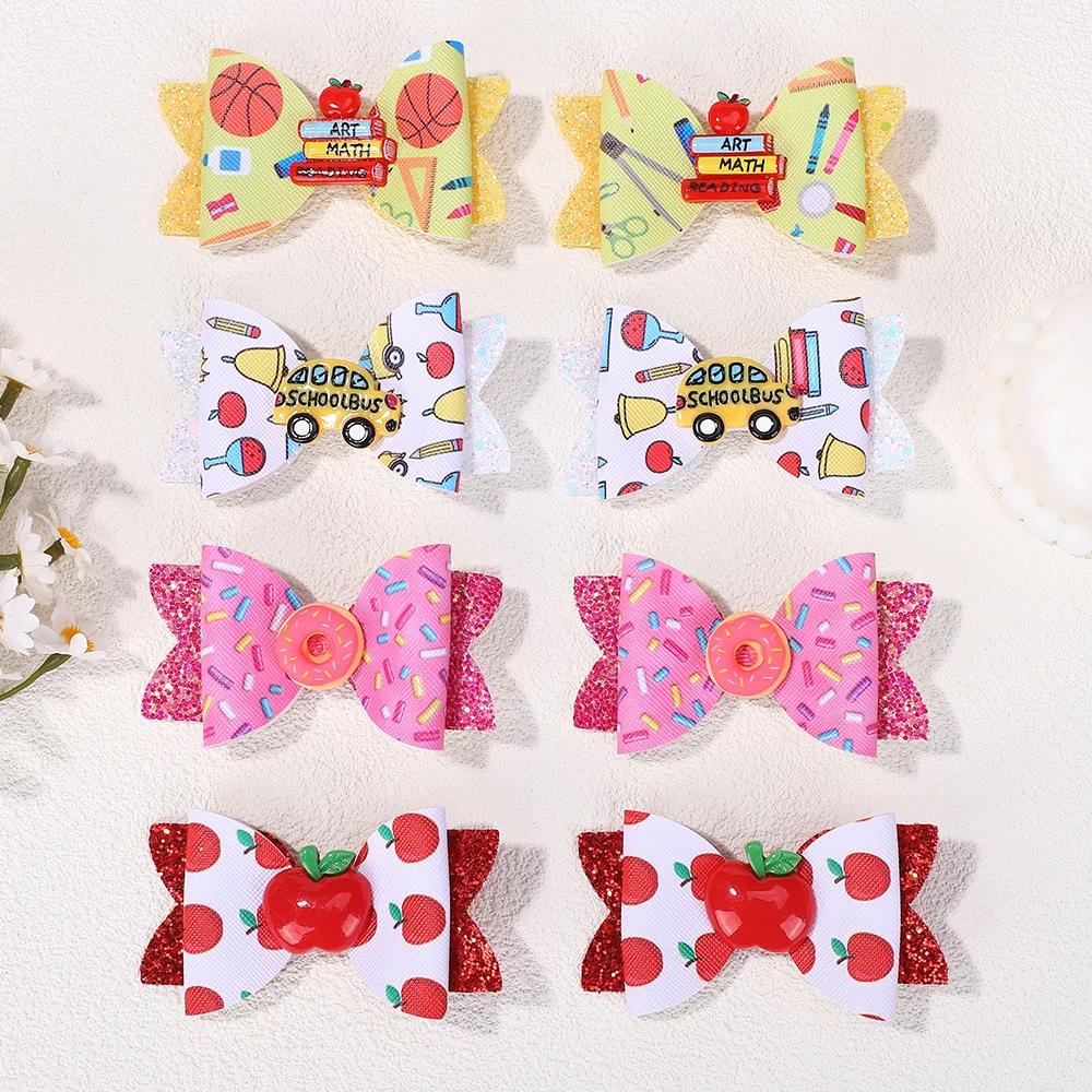 2pcs/set Glitter Back To School Hair Bows Clip for Girls School Bus Hairpins Sweet Doughnut Barrettes Headwear Hair Acesssories
