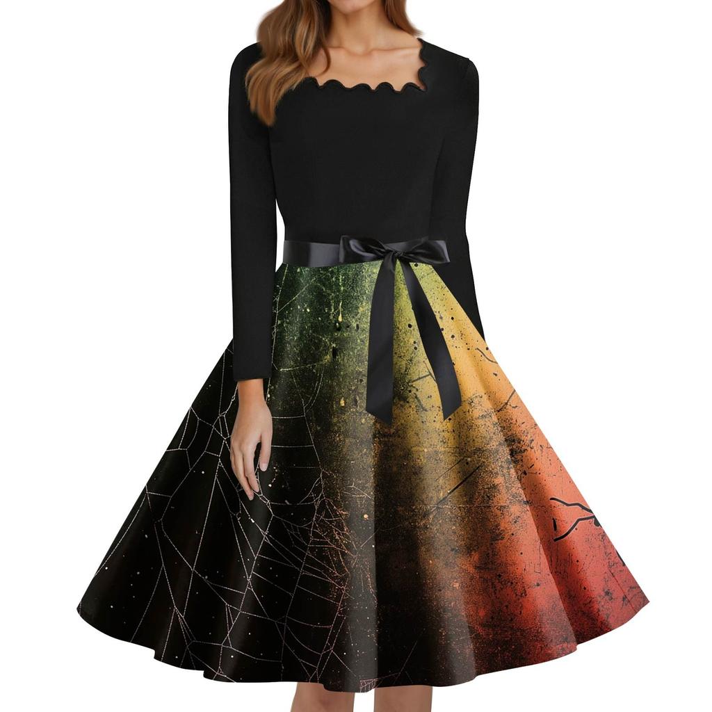 Women's Fashion Square Neck Casual Slim Halloween Printed Long Sleeve Dresses